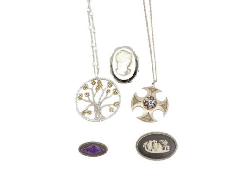 Caithness glass and silver Celtic cross pendant on chain, hallmarked Edinburgh 1971, Wedgwood black Jasperware brooch, purple