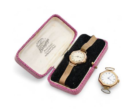 Two ladies 9ct gold manual wind wristwatches, one on a gilt metal bracelet strap (2)Condition Report:Approx 32.7gm gross, inc