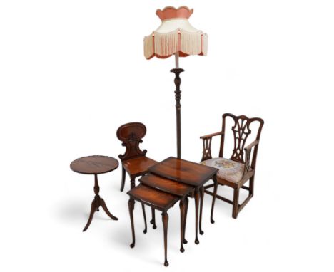 Victorian mahogany hall chair (W39cm, H80cm); 20th century standard lamp with shade; 19th century Gothic elbow chair; nest of