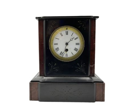 French -  19th century 8-day Belgium slate Mantle Clock with contrasting marble panels to the front. With pendulum.Dimensions