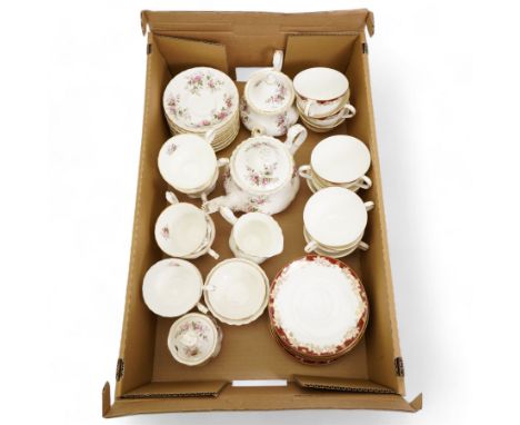 Royal Albert Lavender Rose part tea service, comprising teapot, bachelor teapot, two sugar bowls, one milk jug, preserves pot