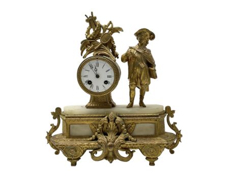 French - 19th century spelter and alabaster 8-day mantle clock. no pendulum or key.Dimensions: Height: 37cm  Length/Width: 34