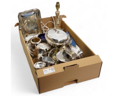 One box containing silver plate and other items, including silver plate teapot, sauce boats, entree dishes, warming dishes, b