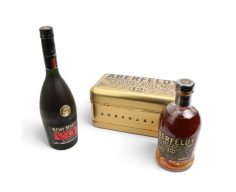 Aberfeldy Highland single malt Scotch Whisky, 12 years, limited bottling 700ml, 40%vol in metal tin and bottle of Remy Martin