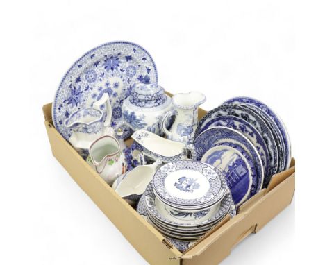 Large embossed brass charger, Copeland Spode plates, blue and white teapot stand, Victorian blue and white jugs, Wood & Sons 