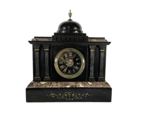 J.W. Benson of London -  8-day Belgium slate mantle clock c1880, stepped top with a central dome and brass finial, break fron