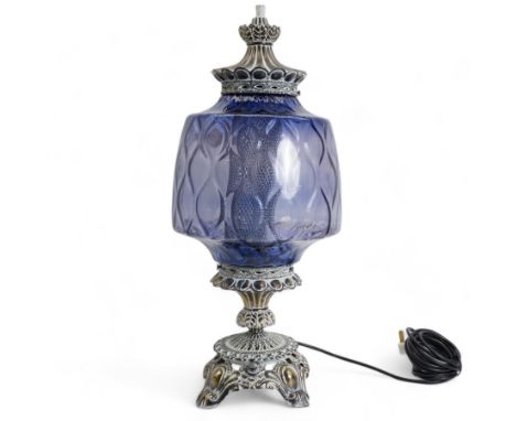 Vintage pierced brass table lamp in the form of an oil lamp, with blue glass shade, H64cm 