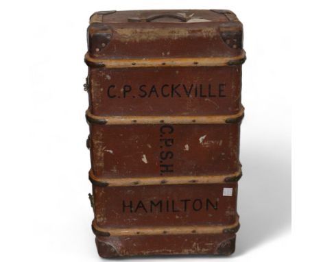 Vintage travelling trunk, brass, wood and leather-bound with canvas panels, 85cm x 50cm x 32cm