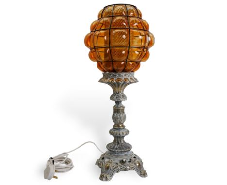 Vintage pierced brass table lamp in the form of an oil lamp, with amber glass shade, H62cm