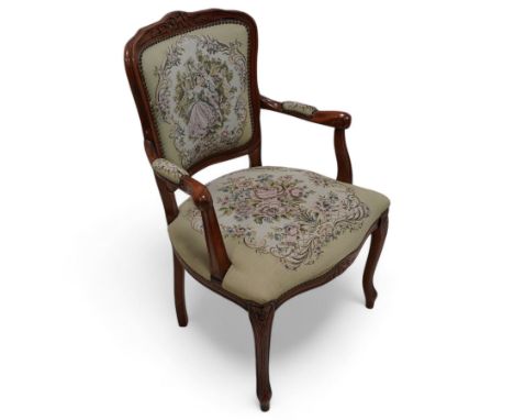 French design open armchair, upholstered in tapestry fabric depicting a romantic sceneDimensions: Height:&nbsp;88cm&nbsp; Len