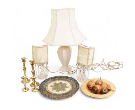 Pair of crystal lustre table lamps, a St Michael table lamp with shade, together with two pairs of brass candlesticks, a plat