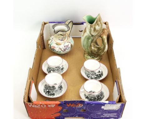 Vintage glazed Gluggle Jug, Denby jug and a set of four Sunderland lustre tea cups and saucers decorated in the 'Rural' patte