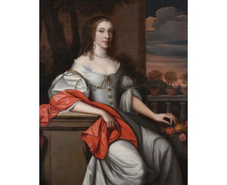 CIRCLE OF JOHN MICHAEL WRIGHT (BRITISH 1617-1694)PORTRAIT OF A LADY, SEATED IN FRONT OF A TERRACE, WITH THREE SHRUBS IN TERRA
