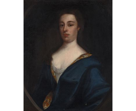 ENGLISH SCHOOL (EARLY 18TH CENTURY)PORTRAIT OF A LADY, BUST-LENGTH, IN A BLUE DRESS, IN A PAINTED OVALOil on canvas76 x 61cm 