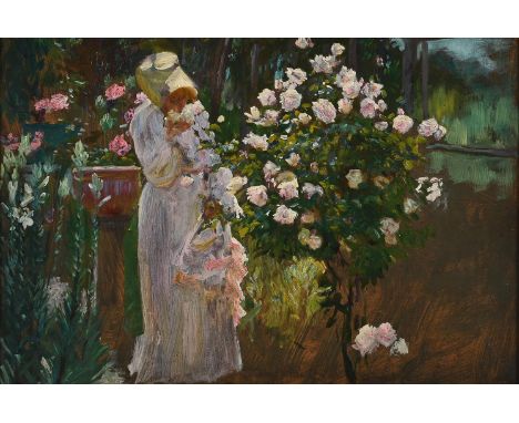 HERBERT ARNOULD OLIVIER (BRITISH 1861-1952)THE ARTIST'S WIFE IN A ROSE GARDENOil on board23 x 34.5cm (9 x 13½ in.)Provenance: