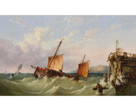 JAMES WEBB (BRITISH 1825-1895)SHIPPING OFF A JETTYOil on canvasSigned and dated 1858 (lower right)44.5 x 74.5cm (17½ x 29¼ in