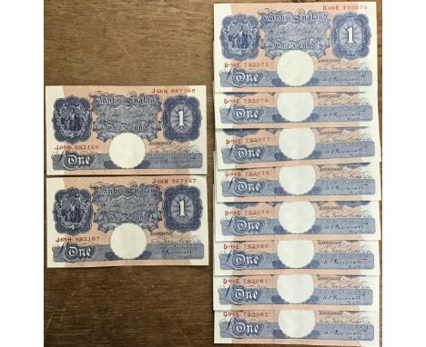 Bank of England K. Peppiatt &pound;1 Banknotes of two Prefix runs of 8 &amp; 2 notes all in a higher grade.