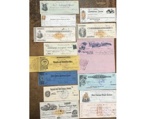 Large American Bank Draft/Cheque Collection dating from Mid to late 19th century. Approximately in 33 total. See all pictures