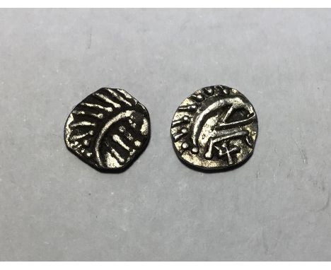 Two&nbsp;Early Anglo-Saxon Silver Sceat, Porcupine Type, Series E.
Obverse: stylised bird, with the appearance of a porcupine