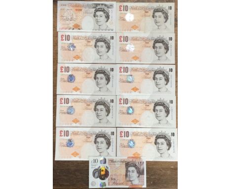 Eleven Bank of England &pound;10 Banknotes of G. Kentfield, two A. Bailey, Three C. Salmon, Five V. Cleland (one being the fi