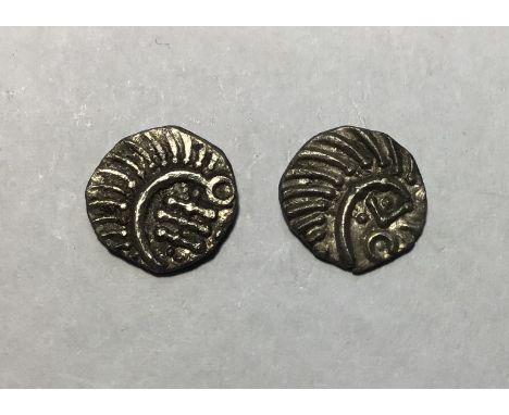 Two&nbsp;Early Anglo-Saxon Silver Sceat, Porcupine Type, Series E.
Obverse: stylised bird, with the appearance of a porcupine
