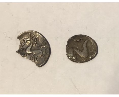 Two Celtic Silver unit &amp; Fractional unit, one broken with Horse &amp; Wolf type, the other Boar &amp; Horse type.&nbsp;

