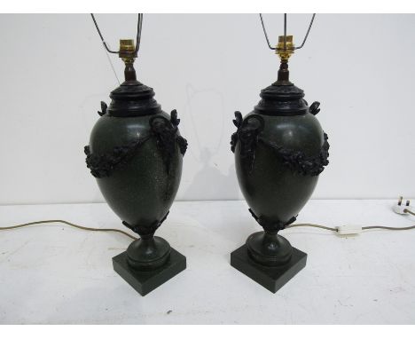 A pair of M Boulton style lamp bases with silk shades. 72cm high.