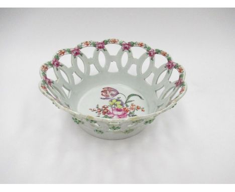 A circa 1770 Worcester polychrome basket, pierced with interlacing rings and floret's, painted with flowers, restored