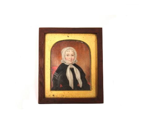 A 19th Century miniature portrait of a lady in a black dress and white head scarf, 14cm x 12cm with frame