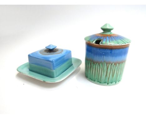 A Shelley square form cheese dome and preserve jar in blue and green glaze