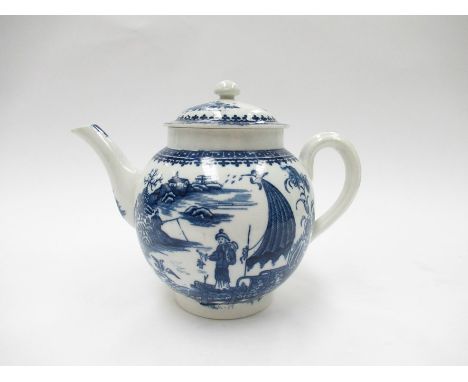 A late 18th Century Worcester teapot, the underglaze in blue with "Fisherman and Cormorant" pattern, circa 1775-80