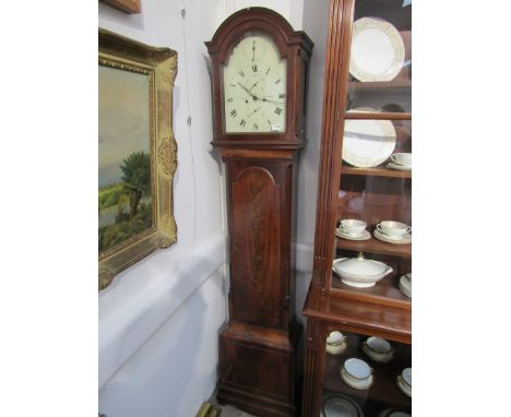 A late 18th / early 19th Century flame mahogany longcase clock, the painted 12" arched dial signed John Gale, London, with st