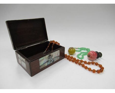 A Chinese Mother-of-Pearl box including a hat finial and Peking glass beads