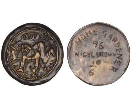 Brown, Nigel (New Zealander, 1949-present); b. Invercargill.   NEW ZEALAND, Home Gardener, 1996, a uniface cast bronze medal 