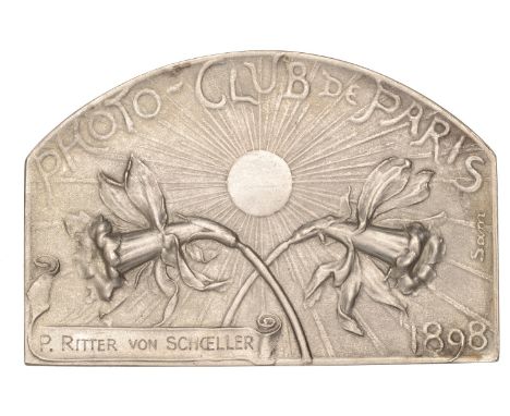 Sam (presumed French)   FRANCE, Photo-Club de Paris, 1898, a uniface Art Nouveau pewter plaque signed Sam, two flowering daff