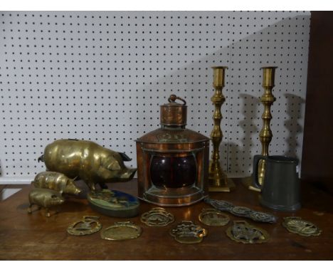 A vintage Copper and Brass Ships Lamp,&nbsp;labelled 'Port' together with a quantity of Brass, including three brass pigs etc