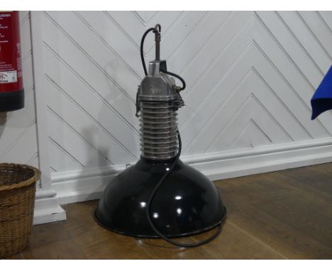 A vintage enamel 'Phillips' industrial Hanging Lamp, 28½in (72.5cm) high. 