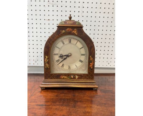 An early 20thC mahogany cased Mantel Clock, painted in the Chinoiserie style, with a small central brass finial to top, silve