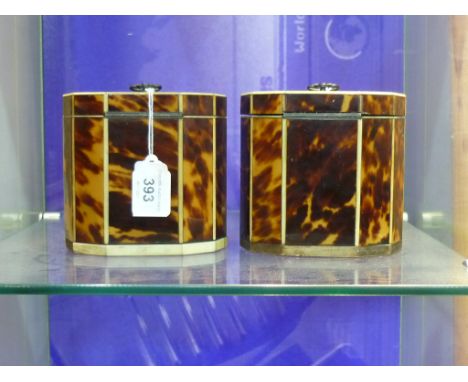 A pair of early 19th century tortoiseshell Tea Caddies, of oval decagonal form with hinged lids and inner covers, inset with 