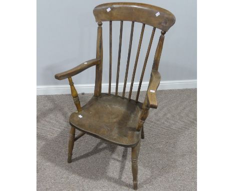 A 19thC ash and elm stick-back Windsor Chair, seat with woodworm,&nbsp;24in (61cm) wide x 17in (43cm) deep x 42in (107cm) hig