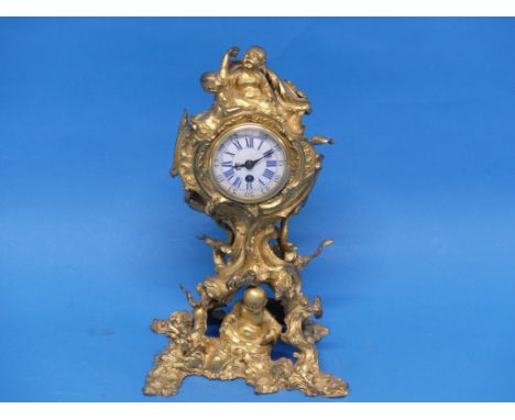 A Louis XV period Rococo style Chinoiserie Mantel Clock, the circular enamel dial with blue Roman hour numerals and black Ara