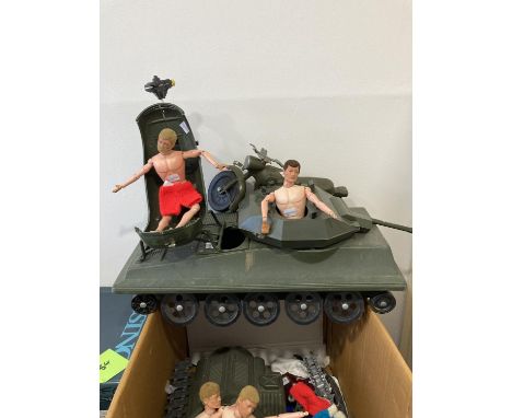 Action Man; Three flock head Figures, two with 'blue pants', one in vintage 'Mountain and Arctic' uniform, the other in Tank 