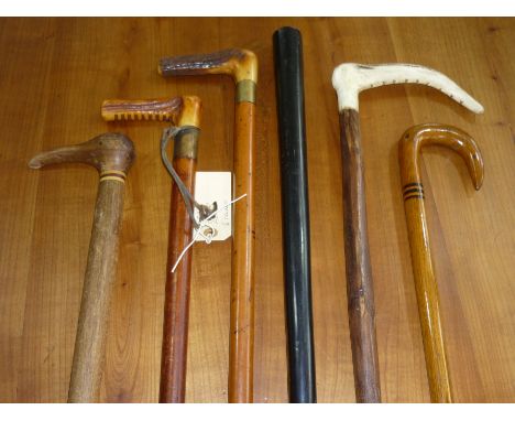 An interesting bird's head-shaped Walking Stick,&nbsp;together with five other Walking Sticks and Canes, including some with 