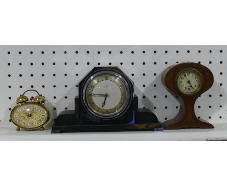 A retro Chrome Mantel Clock, with stained wood, 9in (23cm) wide x 3in (8cm) deep x 5½in (13cm) high, together with an Edwardi