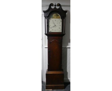 A Georgian oak 30-hour Longcase Clock, signed E. Burton, Kendal,&nbsp;striking on a bell, the 12-inch painted arched dial wit