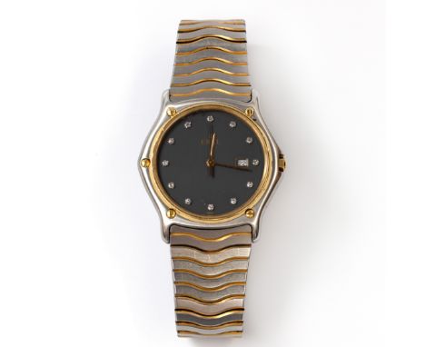 Ebel, stalen met gouden polshorloge, jaren '90. Model Classic wave, kwarts. Met zwarte wijzerplaat, met achtkant geslepen dia