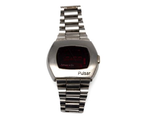 Pulsar voor Tiffany &amp; Co., stalen polshorloge, jaren '70. Model Pulsar Tiffany P3 Time Computer, met rechthoekig digitaal