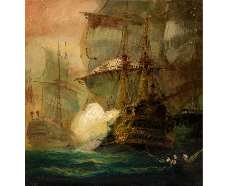 English school; late 18th century."Naval battle".Oil on canvas. Re-coloured.Signed in the lower left corner.Measurements: 45 