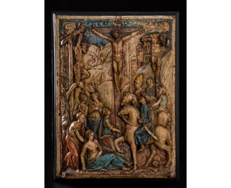 Italian school; 16th century."The Calvary".Polychrome stucco.Measurements: 75,5 x 56 cm.Italian relief from the 16th century 