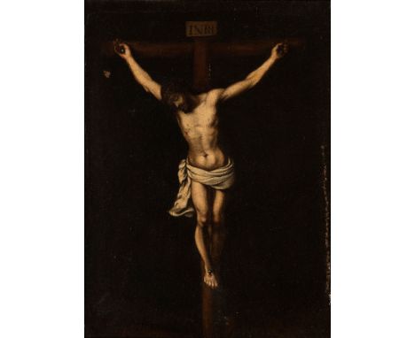 Spanish school; early 17th century."Crucifixion".Oil on canvas. Re-coloured.It presents damages in the frame.Measurements: 49
